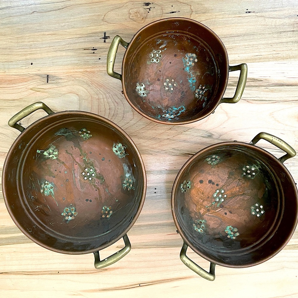 Antique Copper Colander Trio